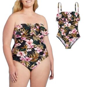 Kona‎ Sol Tropical Floral Strapless OnePiece Full Coverage Ruffle Bust Ruched XL